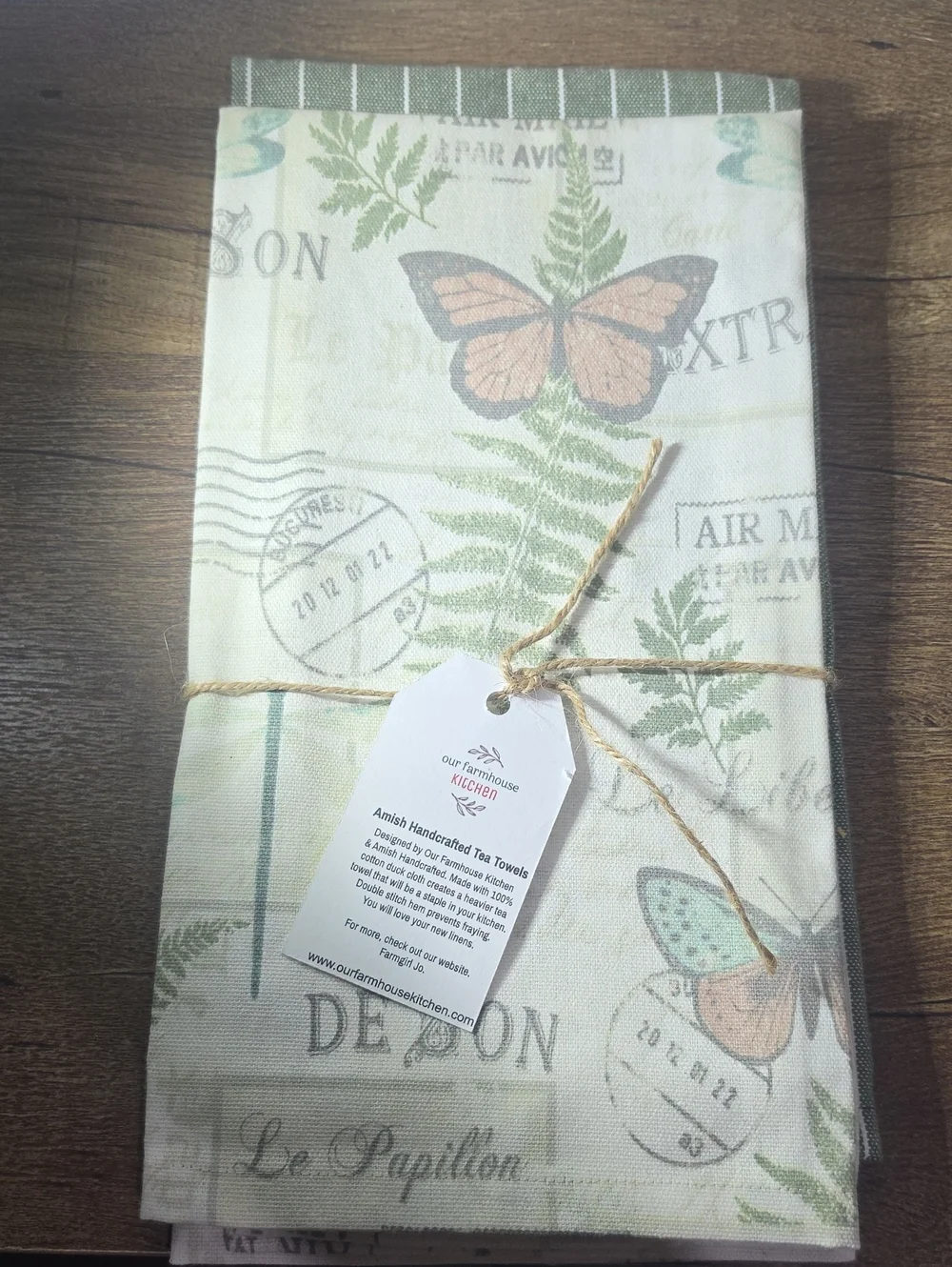 Our Farmhouse Kitchen Butterfly & Fern Printed Tea Towel - Cream, Green, Peach